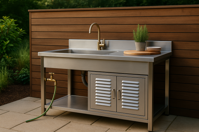 genereaza o fotografie de tip landscape cu latime de 1200 px care sa fie relevanta pentru un articol cu titlul Chiuvete de exterior cu funcții suplimentare: ce merită investiția?