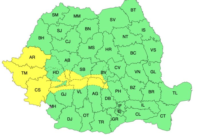 HARTĂ. Specialiștii în meteorologie lansează alerte de condiții meteorologice severe. Aproape 20 de județe, sub cod galben