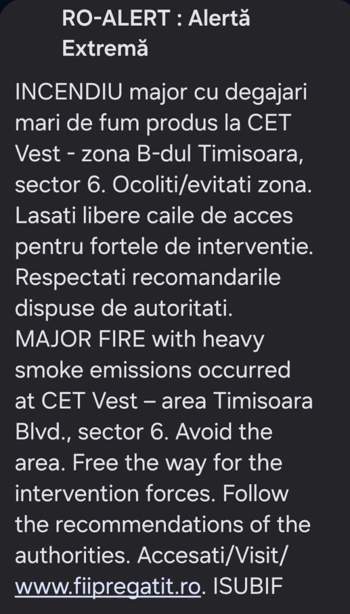 Incendiu la CET Vest București: Fumul observabil de la distanțe considerabile / Alertă RO-Alert transmisă