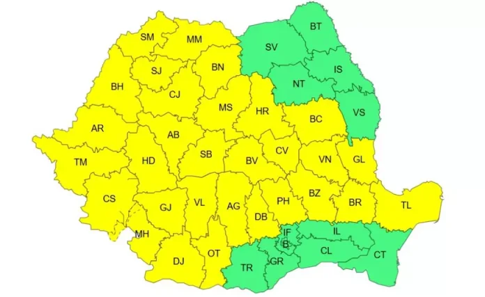 ANM a prelungit avertizarea meteorologică pentru ploi abondente, grindină și furtuni. Harta regiunilor influențate de codul galben.